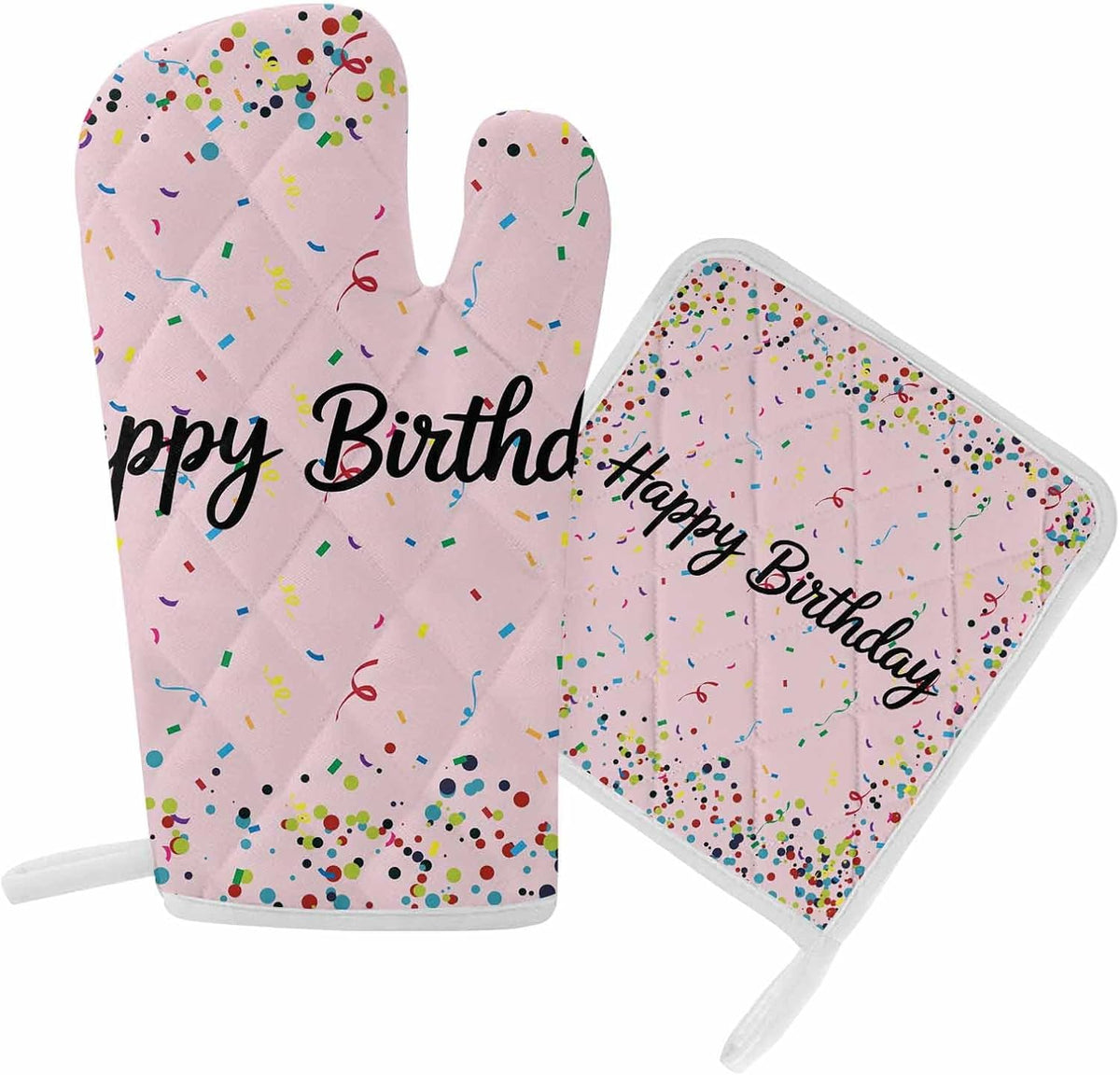 Oven Mitts and Pot Holder Set for Kitchen, Happy Birthday Kitchen Oven Gloves Heat Resistance Non-Slip Surface Polka Dot Ribbon Celebration Light Pink Hot Pads Sets for Cooking Baking Grilling BBQ