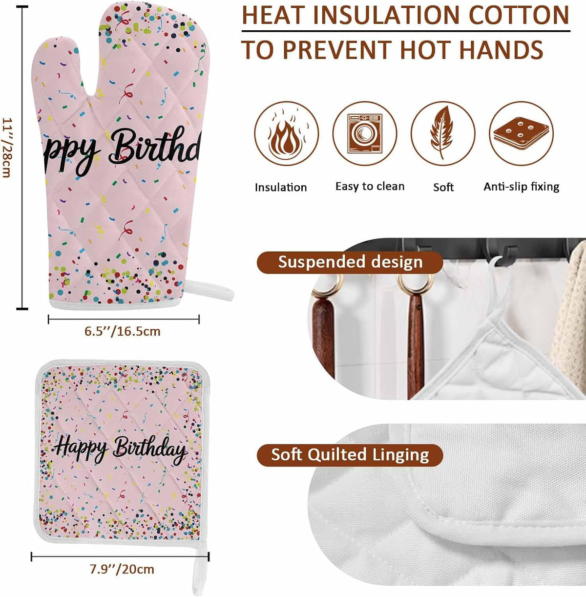 Oven Mitts and Pot Holder Set for Kitchen, Happy Birthday Kitchen Oven Gloves Heat Resistance Non-Slip Surface Polka Dot Ribbon Celebration Light Pink Hot Pads Sets for Cooking Baking Grilling BBQ