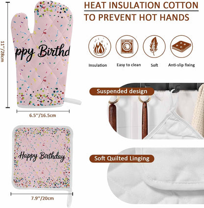 Oven Mitts and Pot Holder Set for Kitchen, Happy Birthday Kitchen Oven Gloves Heat Resistance Non-Slip Surface Polka Dot Ribbon Celebration Light Pink Hot Pads Sets for Cooking Baking Grilling BBQ
