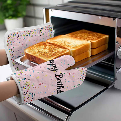 Oven Mitts and Pot Holder Set for Kitchen, Happy Birthday Kitchen Oven Gloves Heat Resistance Non-Slip Surface Polka Dot Ribbon Celebration Light Pink Hot Pads Sets for Cooking Baking Grilling BBQ