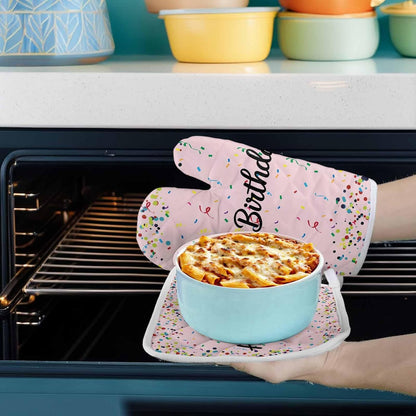 Oven Mitts and Pot Holder Set for Kitchen, Happy Birthday Kitchen Oven Gloves Heat Resistance Non-Slip Surface Polka Dot Ribbon Celebration Light Pink Hot Pads Sets for Cooking Baking Grilling BBQ