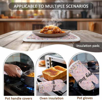 Oven Mitts and Pot Holder Set for Kitchen, Happy Birthday Kitchen Oven Gloves Heat Resistance Non-Slip Surface Polka Dot Ribbon Celebration Light Pink Hot Pads Sets for Cooking Baking Grilling BBQ