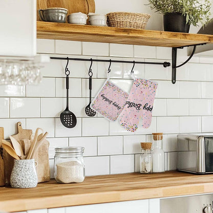 Oven Mitts and Pot Holder Set for Kitchen, Happy Birthday Kitchen Oven Gloves Heat Resistance Non-Slip Surface Polka Dot Ribbon Celebration Light Pink Hot Pads Sets for Cooking Baking Grilling BBQ