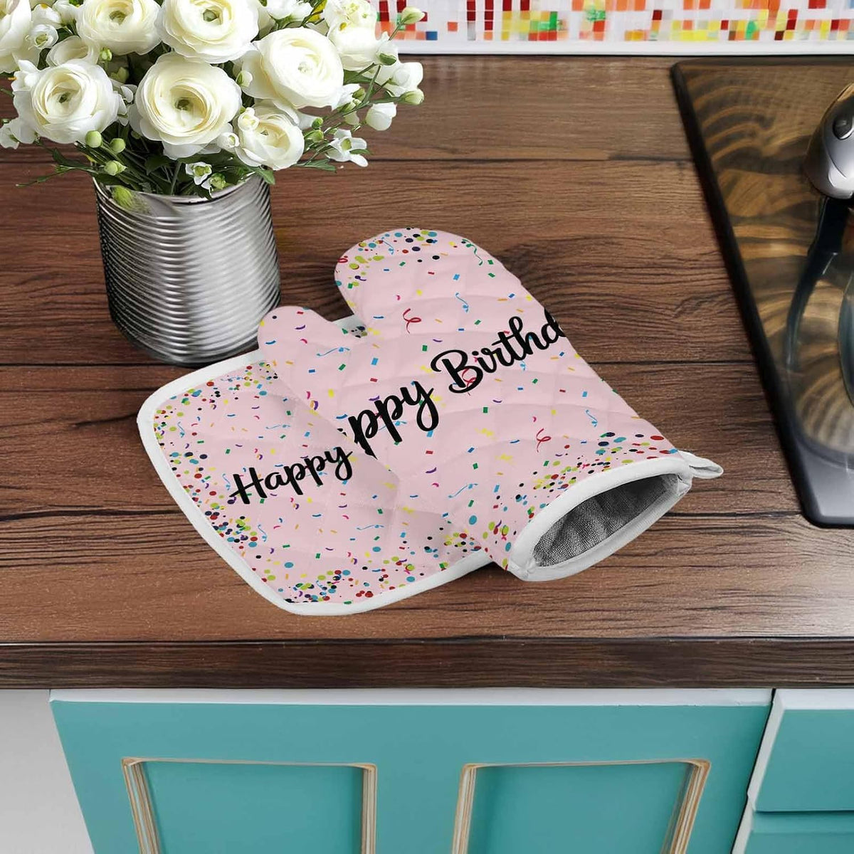 Oven Mitts and Pot Holder Set for Kitchen, Happy Birthday Kitchen Oven Gloves Heat Resistance Non-Slip Surface Polka Dot Ribbon Celebration Light Pink Hot Pads Sets for Cooking Baking Grilling BBQ