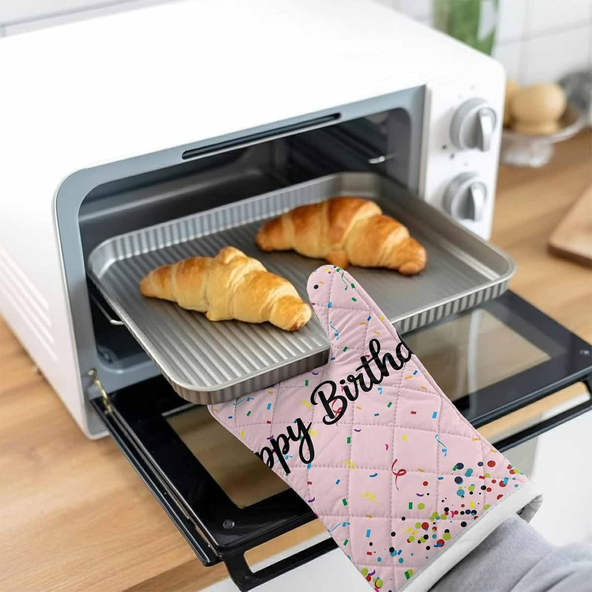 Oven Mitts and Pot Holder Set for Kitchen, Happy Birthday Kitchen Oven Gloves Heat Resistance Non-Slip Surface Polka Dot Ribbon Celebration Light Pink Hot Pads Sets for Cooking Baking Grilling BBQ