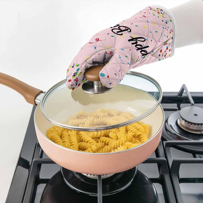 Oven Mitts and Pot Holder Set for Kitchen, Happy Birthday Kitchen Oven Gloves Heat Resistance Non-Slip Surface Polka Dot Ribbon Celebration Light Pink Hot Pads Sets for Cooking Baking Grilling BBQ