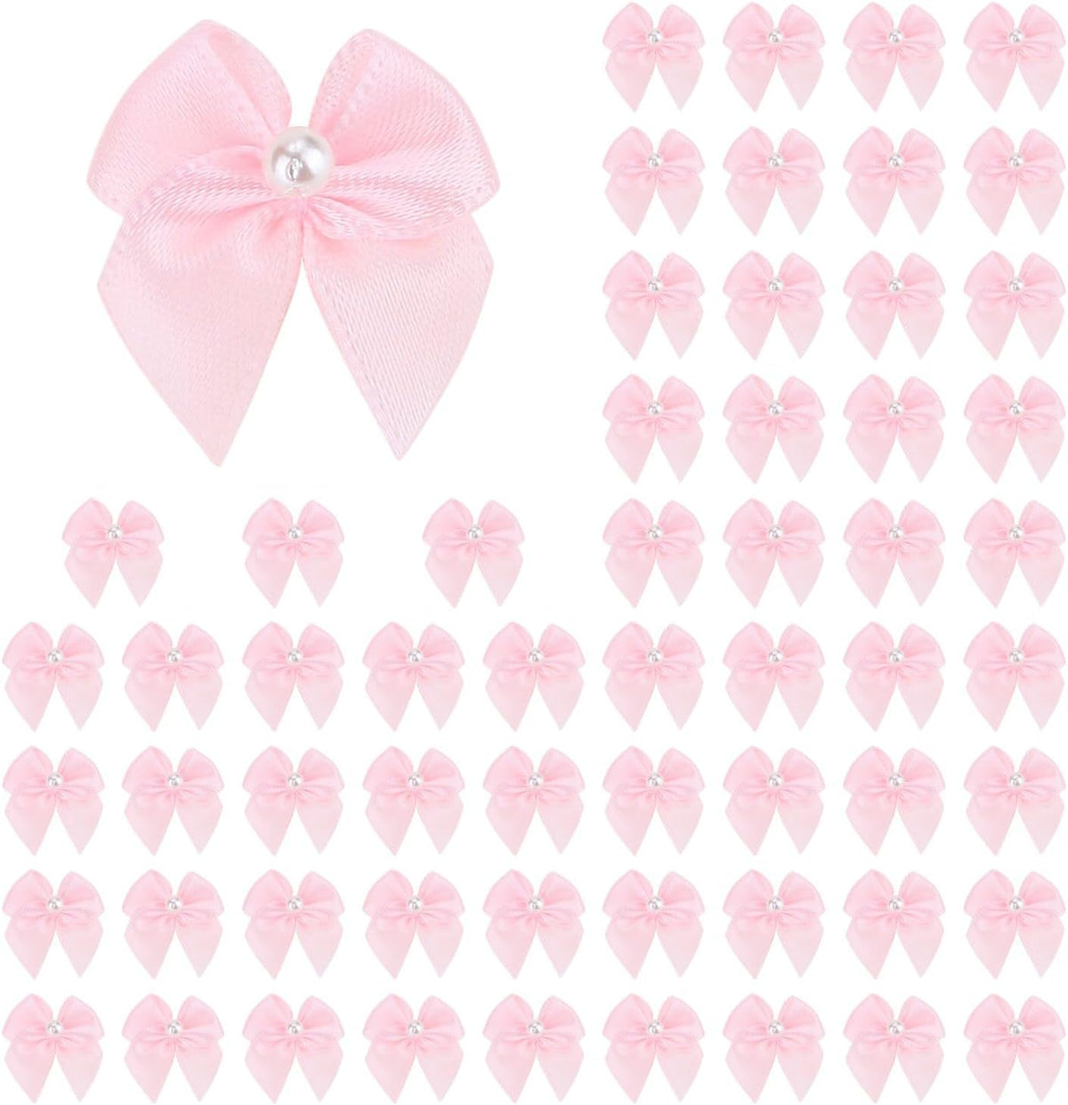 Meseey 60pcs Mini Pastel Pink Satin Ribbon Bows with Pearl 1 Inch Craft Bows Flowers Appliques DIY Craft for Sewing, Scrapbooking, Wedding, Gift,Christmas Decoration (Pink)