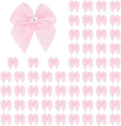 Meseey 60pcs Mini Pastel Pink Satin Ribbon Bows with Pearl 1 Inch Craft Bows Flowers Appliques DIY Craft for Sewing, Scrapbooking, Wedding, Gift,Christmas Decoration (Pink)