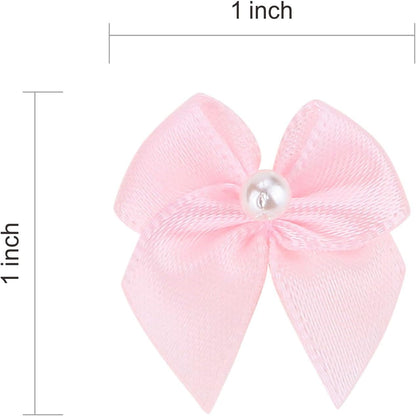 Meseey 60pcs Mini Pastel Pink Satin Ribbon Bows with Pearl 1 Inch Craft Bows Flowers Appliques DIY Craft for Sewing, Scrapbooking, Wedding, Gift,Christmas Decoration (Pink)
