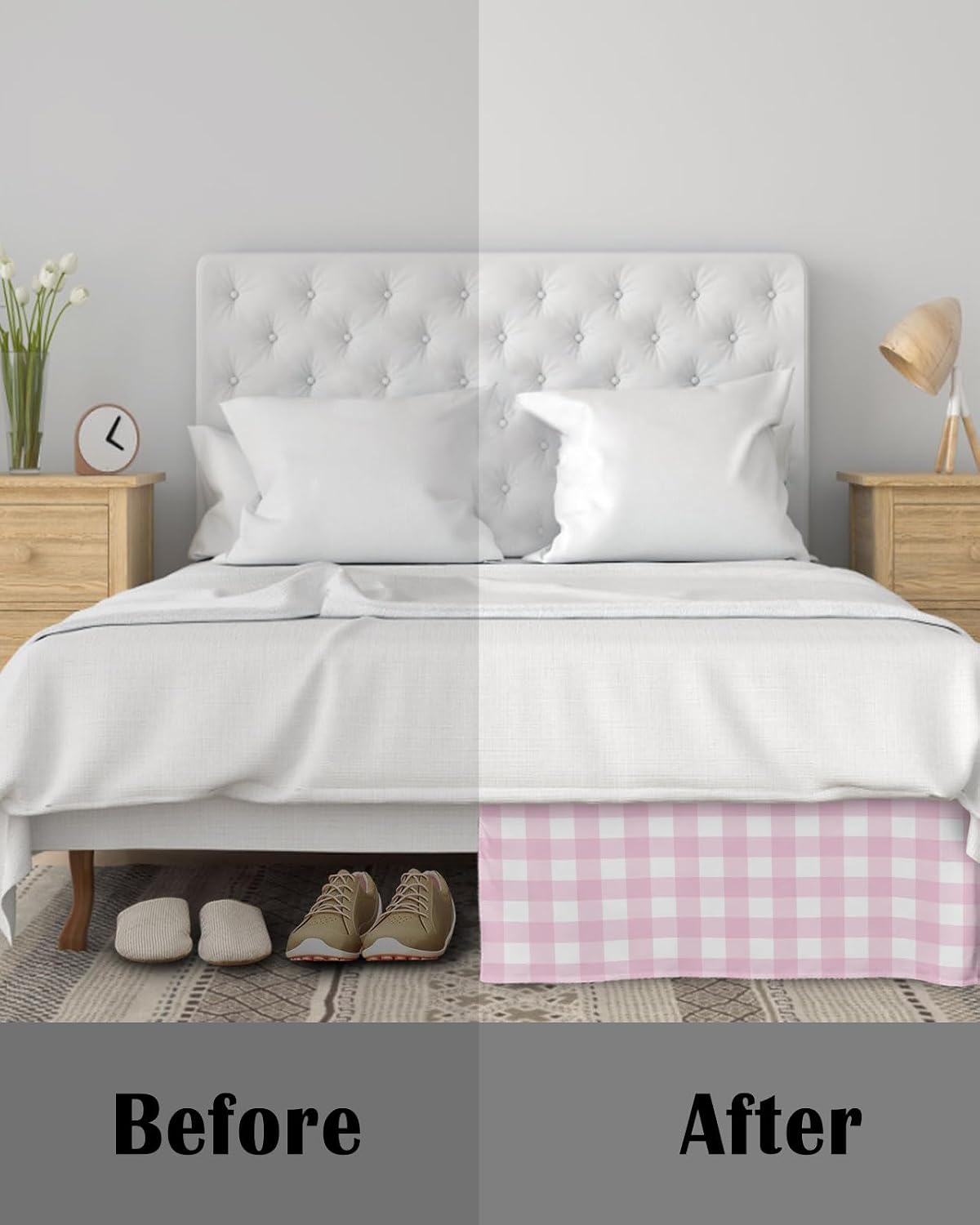 Bed Skirts Queen Size 16 Inch Tailored Drop Peach Pink Buffalo Checked Plaid Wrap Around Bed Skirt with Split Corners Hotel Quality Bedskirt Classic Grid Dust Ruffle for Queen Bed Skirt Bedroom Decor