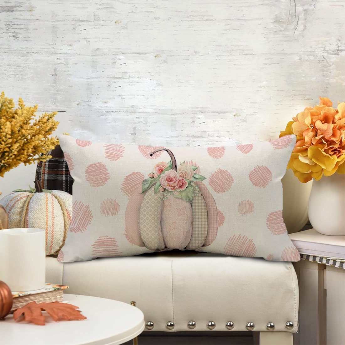 Fall Pumpkin Pillow Covers 12x20 Polka Dot Pumpkin Flower Pillows Seasonal Autumn Thanksgiving Farmhouse Decorative Lumbar Throw Pillow Cushion Cases for Sofa Couch (Pink)