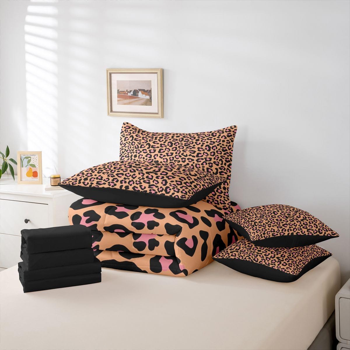 Erosebridal Girly Leopard Print Twin Size Bedding Set Animal Print 7 Pieces Comforter Set with Sheets Girl Women Golden Yellow Wildlife Cheetah Bed in a Bag Fashion Peach Pink Bed Sets
