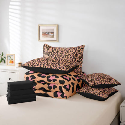 Erosebridal Girly Leopard Print Twin Size Bedding Set Animal Print 7 Pieces Comforter Set with Sheets Girl Women Golden Yellow Wildlife Cheetah Bed in a Bag Fashion Peach Pink Bed Sets