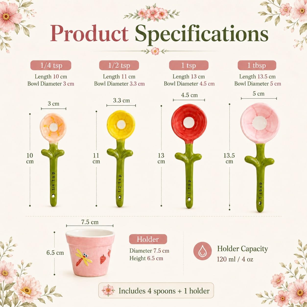 Flower Pot Ceramic Measuring Spoon Set, 5PCS Cute Spoons Cups with Base, Polygons Pink Decorative Teaspoon in Pot Holder, Unique Baking Supplies Gifts, Kitchen Cooking Stuff Gadgets Women(1*Pink)