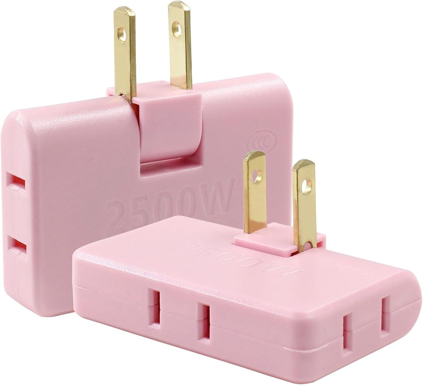 Zorfeter 2Pcs 3 in 1 Pink Rotatable Flat Wall Outlet Extender, Flat Plug Adapter Outlet 2500W, Power Socket Converter Plug Perfect for Home and Travel