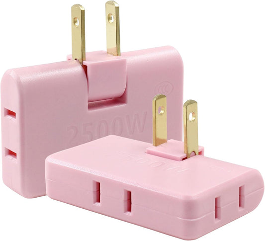 Zorfeter 2Pcs 3 in 1 Pink Rotatable Flat Wall Outlet Extender, Flat Plug Adapter Outlet 2500W, Power Socket Converter Plug Perfect for Home and Travel