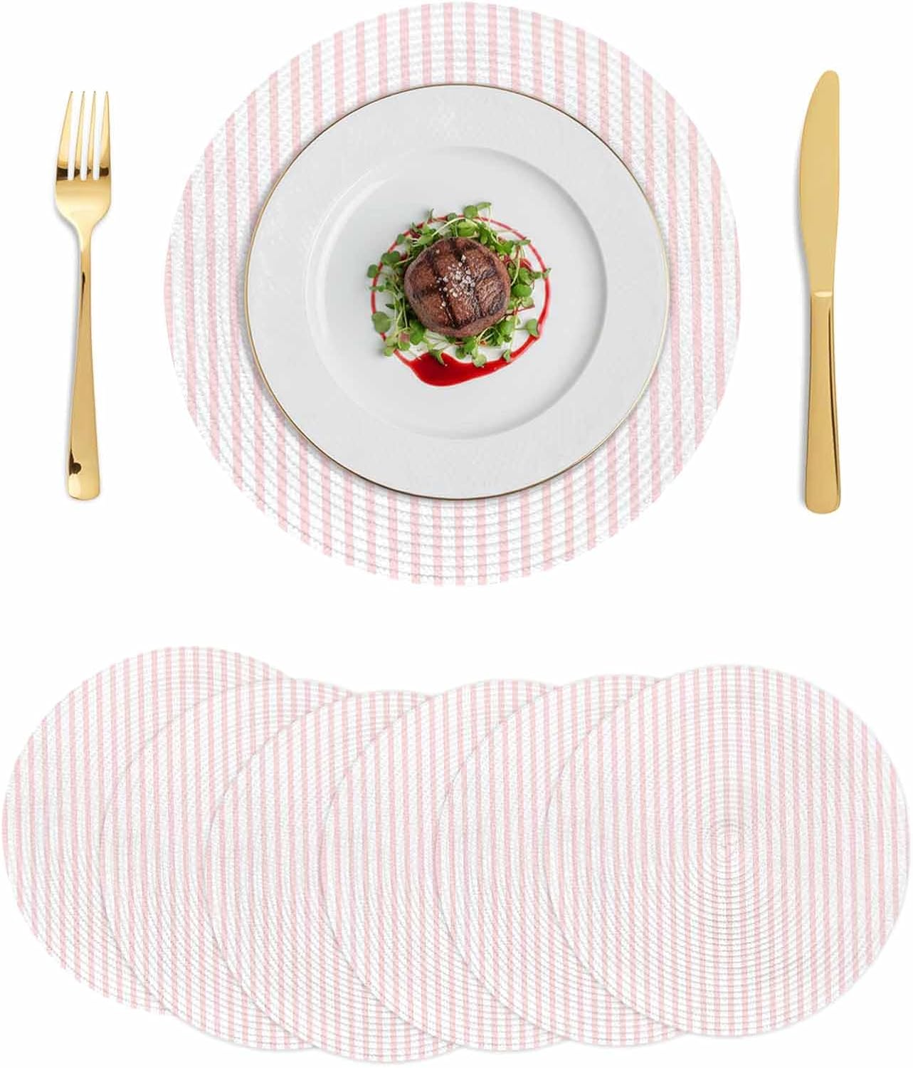 Round 13'' Placemats Set of 6, Pink Vertical Striped HeatResistant Polypropylene Placemats, Farmhouse Thin Line Stripes Washable Woven Braided Place Mats for Dining Table, Non Slip Kitchen Table Decor