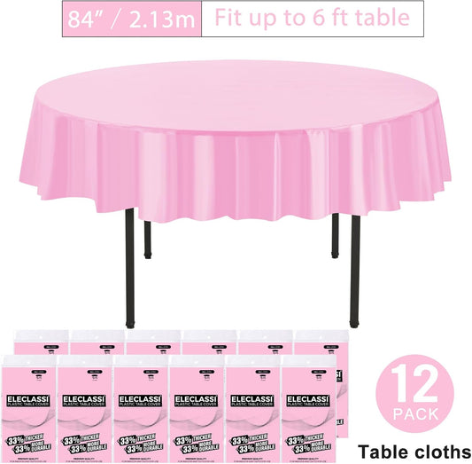Eleclassi Pink 12 Pack Premium Round Disposable Plastic Tablecloth - 84 Inch Round Plastic Table Cloth Disposable Tablecloth for Parties