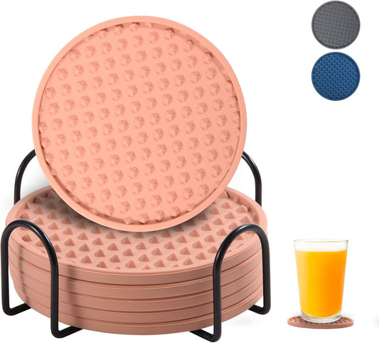 Silicone Drink Coaster Set of 6 with Holder, Non-Slip Coasters for Any Type Tabletop Protection, Dishwasher Safe Coasters for Drinks Fits All Glass Sizes (Pink)