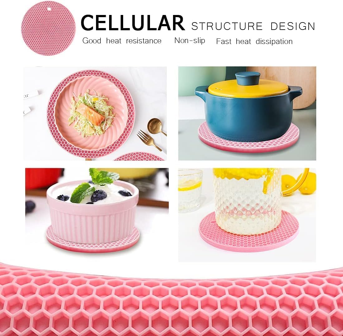 7-Inch Round Trivet Mats - 4 Pack Silicone Hot Pads, Non-Slip Heat Resistant, Dishwasher Safe, Ideal as Round Dab Mat (Pink)