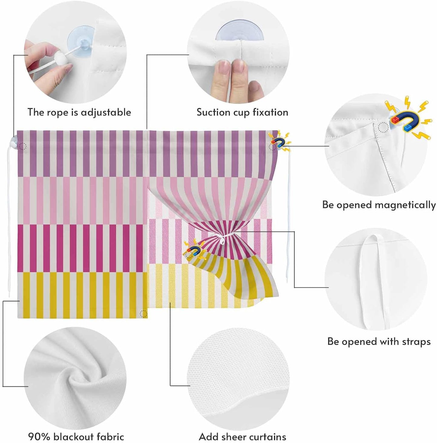 Car Window Shades for Side Windows Stripes Lines Car Sun Shade Curtain 2 PCS Double Layer Privacy Blackout Pink Purple Yellow Striped Magnetic Car Window Curtains with Suction Cup Sun Block Covers