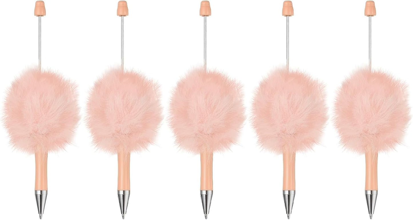 PATIKIL 5Pcs Fluffy Beadable Pens, Plush Fuzzy Plastic Bead Pen Bead Ballpoint for DIY Gift Writing Office Supplies, Light Pink