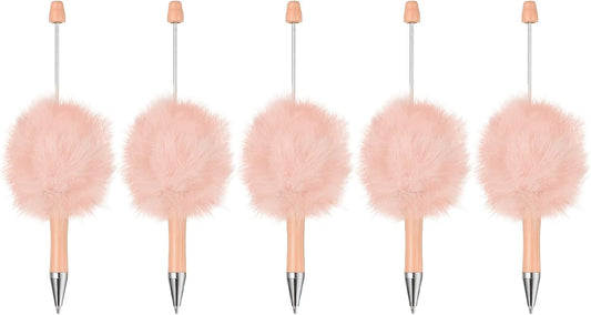 PATIKIL 5Pcs Fluffy Beadable Pens, Plush Fuzzy Plastic Bead Pen Bead Ballpoint for DIY Gift Writing Office Supplies, Light Pink