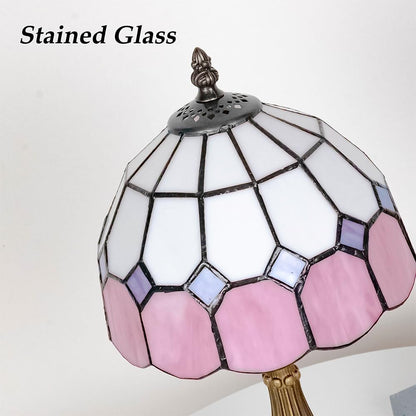 Skyblaze Tiffany Style Table Lamp, Stained Glass Desk Lamp, Vintage Night Light, 8 Inch Reading Light with Handmade Lampshade for Small Bedside Table Bedroom Living Room (Pink)