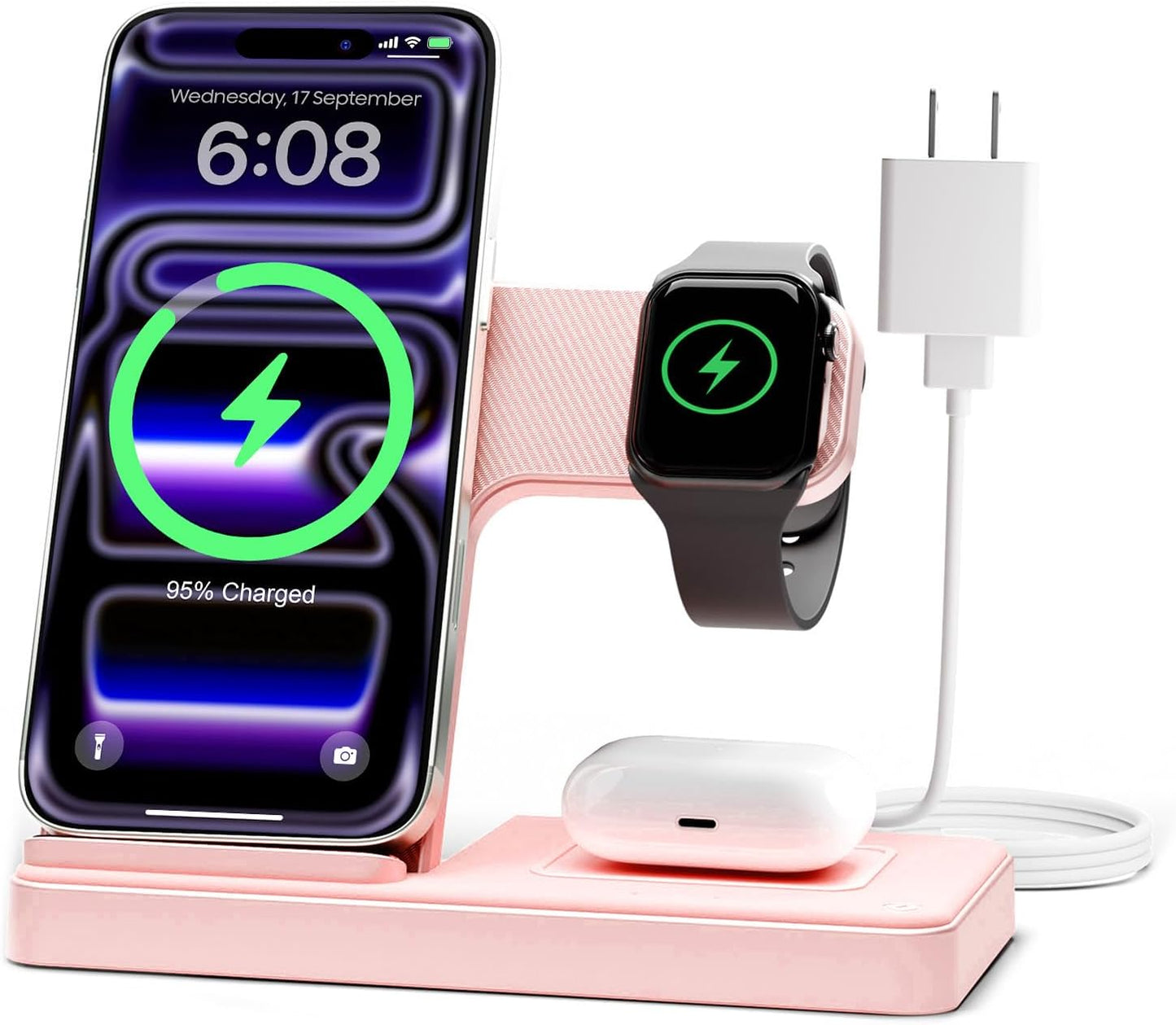 Wireless Charger Stand Charging Station: 3 in 1 Charger Stand Multiple Devices for Apple - iPhone 17 16e 16 15 14 Pro Max 13 12 - Watch 11 10 9 8 7 6 5 4 3 2 SE and Ultra Series-Airpods 4 3 Pro, Pink