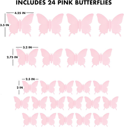 Cute Pink Butterfly Wall Decor 24 pcs, Girls Room Wall Decals, Danish Pastel Aesthetic Butterflies Stickers for Nursery Decorations, Baby Toddler Room Decor for Girls