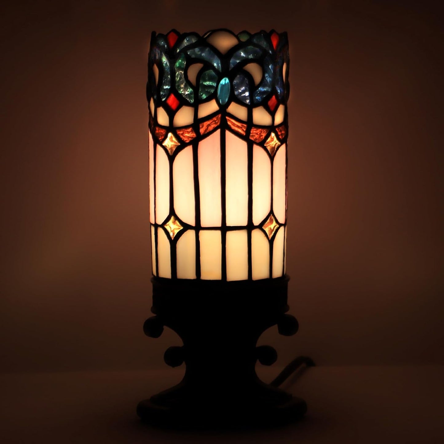 Small Tiffany Lamp Mini Stained Glass Table Lamp Candle Desk Night Light Bronze Resin Base 4" D x 4" W x 10.5" H (Pink Baroque Style)