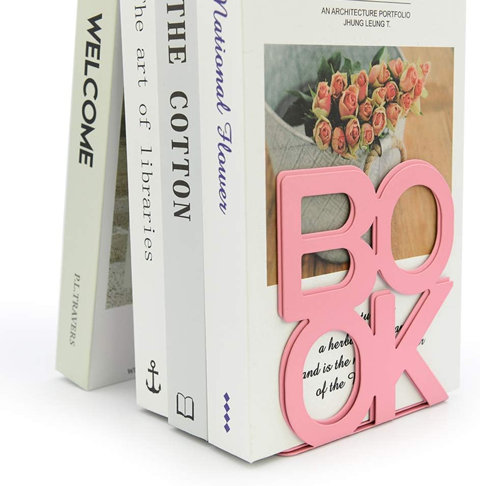 Book Ends - Decorative Metal Book Ends Supports for Bookrack Desk,Books, Unique Appearance Design,Heavy Duty (Pink, 2 Pair)