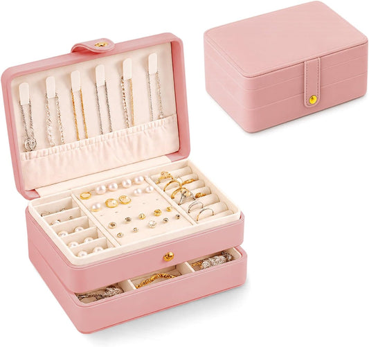 Jewelry Box for Women Girls Pink Jewelry Organizer 2-Layer PU Leather Jewelry Storage Case for Earrings Rings Necklace Jewelry Holder Case Gift (Pink)
