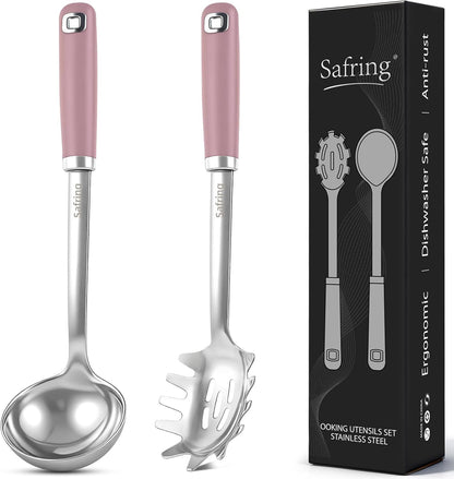 Safring Stainless Steel Soup Ladle and Spaghetti Spoon Set, Heat Resistant Rubber Handle, Dishwasher Safe, Kitchen Utensils for Cooking, Stirring, Serving Pasta, Soup & Sauce (Pink)
