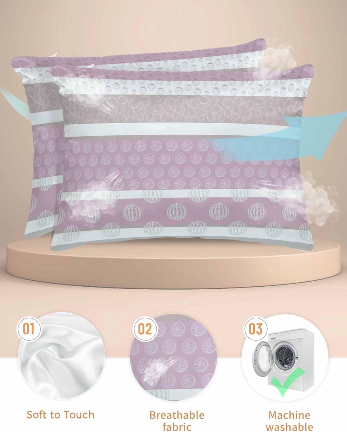 Farm Fruits Satin Pillowcase for Hair and Skin with Zipper, Soft Breathable Cooling Silk Pillow Cases, Watermelon Lemons Peach Pink Grey Striped Throw Pillow Covers Standard Size 20"x26" Set of 2
