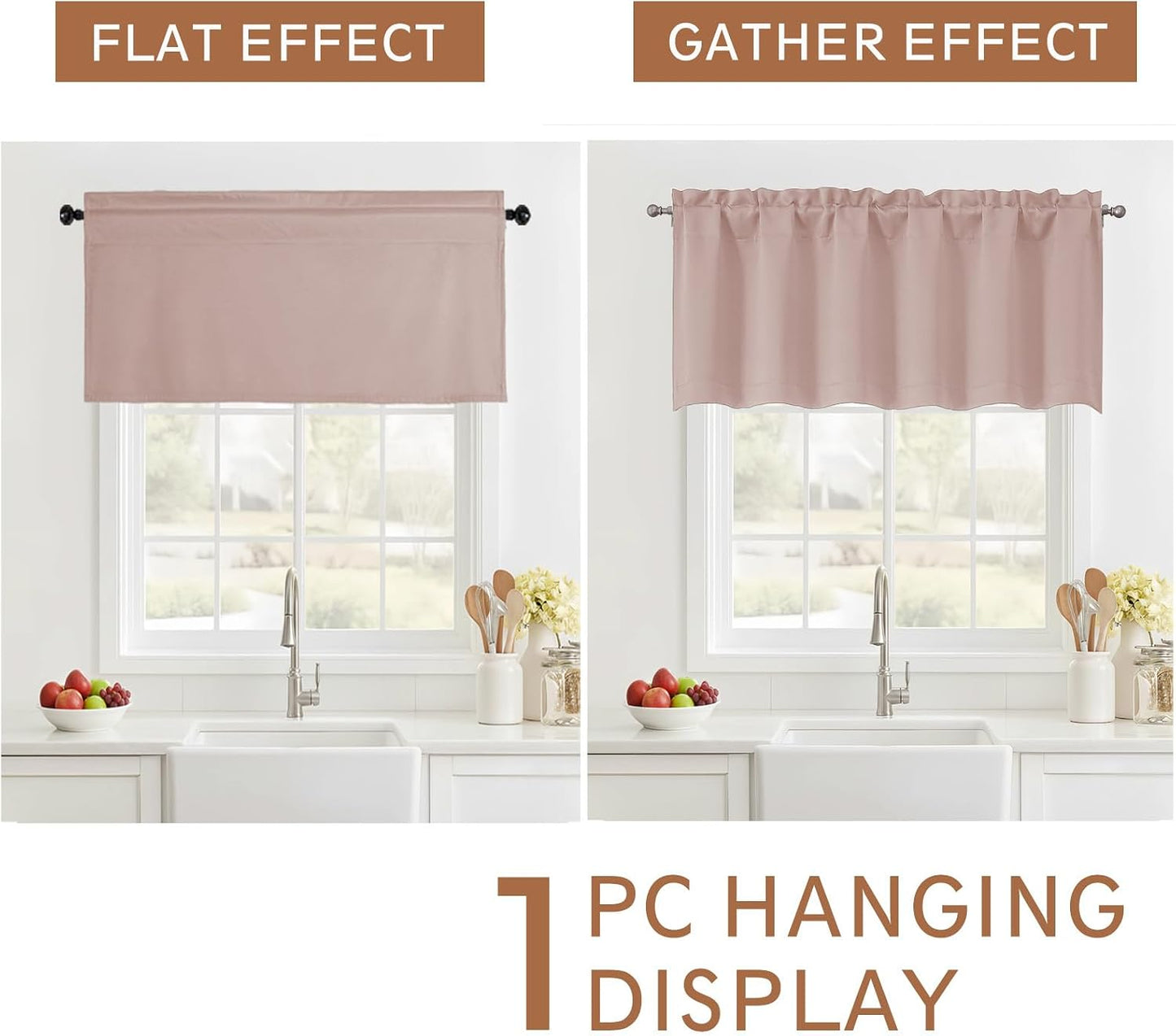 Blush Pink Valance for Windows 18 Inch Length, Thermal Insulated Short Kitchen Curtain for Laundry Basement, Dual Rod Pocket Blackout Window Valance, 1 Piece, 60Wx18L Inches
