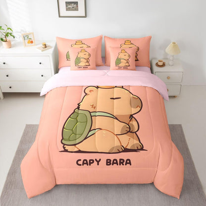 Manfei Cartoon Capybara Comforter Set 7 Pcs Turtle Shell Kawaii Kids Bed Set Lazy Cute Animal Bedding Twin with Comforter,Fitted Sheet,Flat Sheet,Pillowcases,Pillow Covers Twin Peach Pink