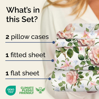 CGK Unlimited Floral Sheets - Pink Floral Rose Bed Sheet Set - 1 Flat, 1 Fitted & 2 Pillowcases w/Deep Pockets - Wrinkle & Fade Free - Boho Botanical Bedding - Ultra-Soft, Breathable and Cooling