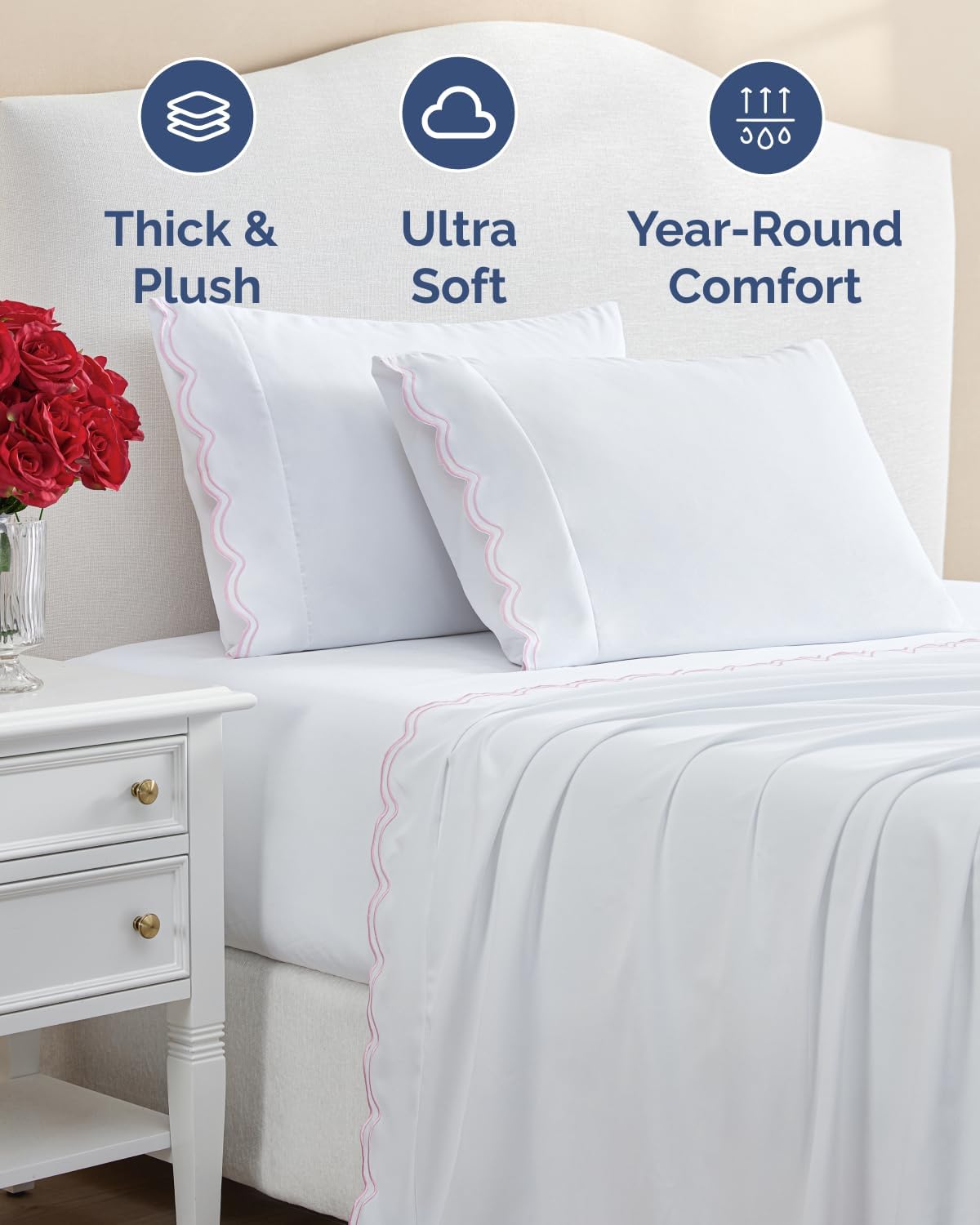 Extra Thick Heavyweight Full Size 4 Piece Bed Sheet Set - Scalloped Edge Bedding - Ultra-Soft & Wrinkle Free - Super Luxury Queen Bed Set - Premium Hotel Quality Sheets with Deep Pockets - Light Pink
