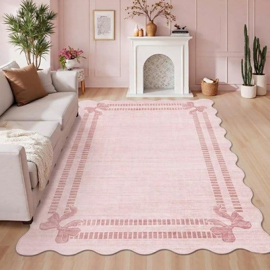 Latte&Fog 5x7 Pink Rug for Girls Bedroom, Washable Scalloped Bow Area Rugs for Living Room, Kitchen, Vintage Floral Throw Rug for Kids Nursery, Non-Slip Soft Carpets for Bathroom, Beside, Dorm, Office