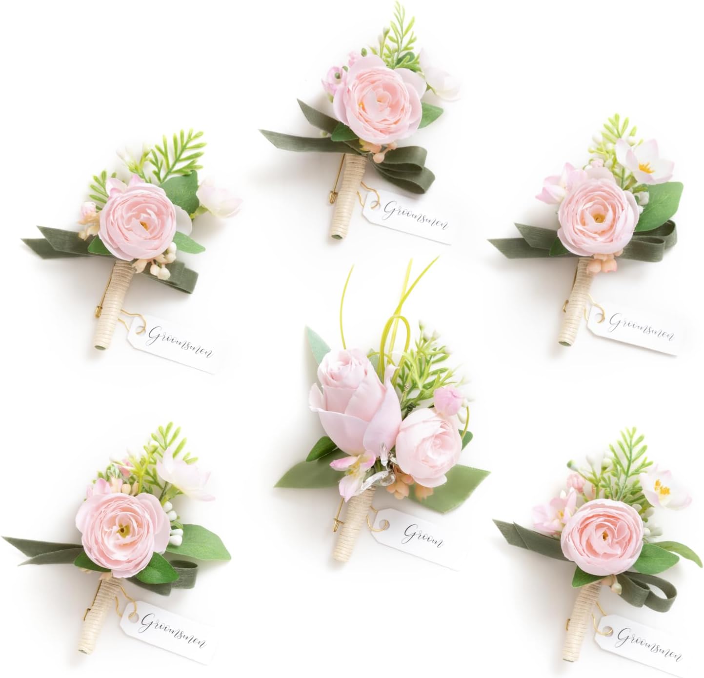 Ling's moment Boutonniere for Men, 6pcs Groom Groomsmen Boutonniere, Artificial Flowers for Wedding Decor/Prom/Homecoming, etc.Blush Pink
