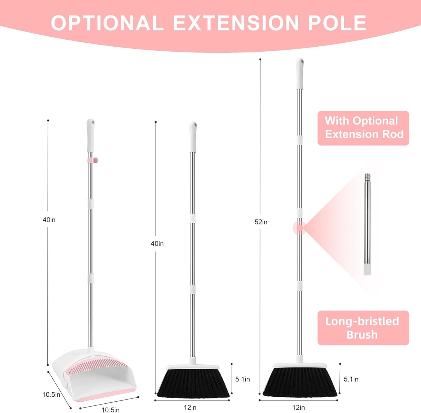 Broom with Dustpan Combo Set for Home, 52-in Long Handle Adjustable Broom and Dustpan Set with Dustpan Teeth for Sweeping Pet Hair Food Dirt Kitchen (Pink)
