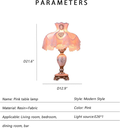 Pink Resin Table Lamp European Princess Desk Light Cerative Lace Fabric Lampshade with Resin Lamp Body Beside Lamp for Bedroom Living Room Study Room Nursery Room