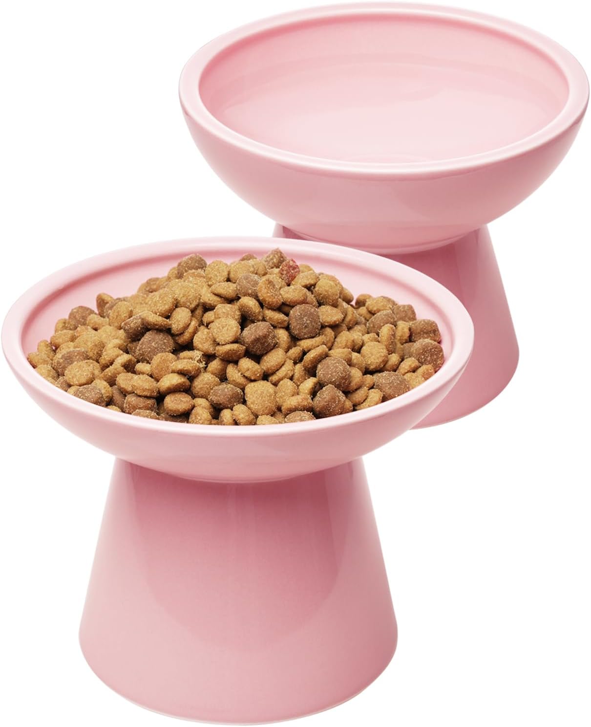 CEEFU 2 Elevated Cat Bowls Extra Wide for Food & Water – Whisker Fatigue, Ceramic Wide Shallow Food Dish, Lead & Cadmium Free, Raised Height for Cats, Pink