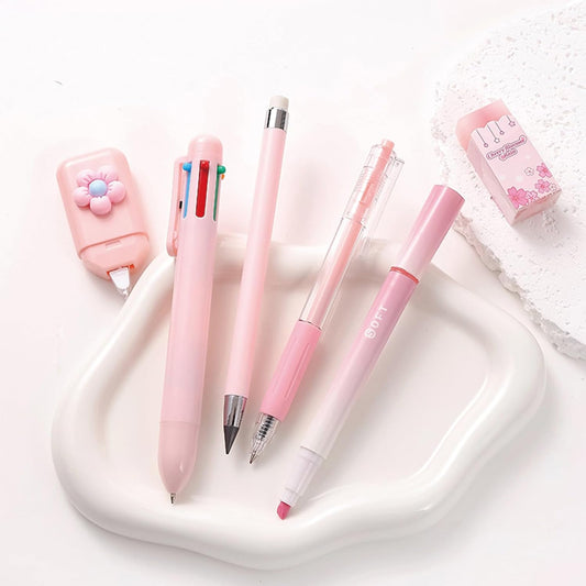 MOZXIRZ 6 Pcs Cute Pink Stationery Set for Women Back to School Supplies Office Supplies Including Gel Ink Pens 6-in-1 Ballpoint Pens Pencil Eraser (Pink)