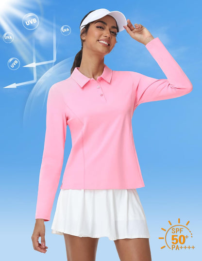 MIER Long Sleeve Polo Shirts for Women Quick Dry Collared Golf Tops for Athletic Tennis Work, Inherent UPF 50+ Sun Protection