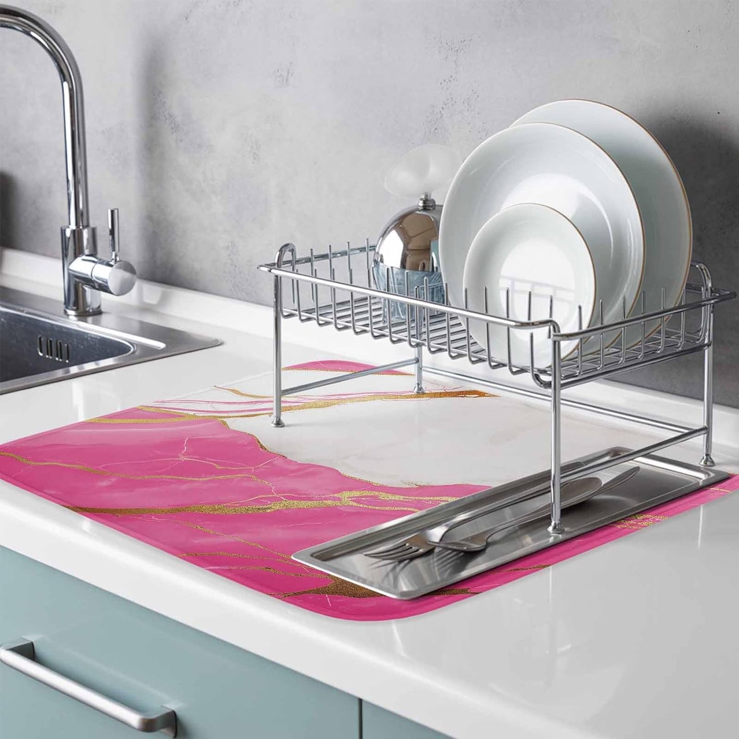 Dish Drying Mat Abstract Marble Kitchen Counter Drying Pad for Dishes Glasses Cups and Cookware Marble Pink Absorbent Dish Drying Mat Machine Washable Kitchen Accessories 2 Pack 18" x 24"