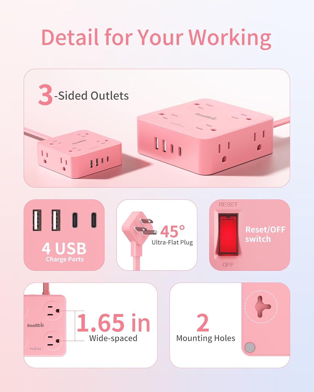 Extension Cord with Multiple Outlets, SMALLRT Power Strips with Surge Protection, 6.5FT Flat Plug Power Strip with USB Ports, 8 Outlets, Outlet Extender Surge Protector Outlet for Home Office, Pink