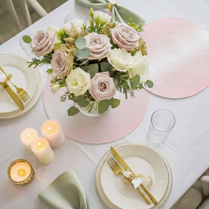 Round 13'' Placemats Set of 6, Pink Ombre HeatResistant Polypropylene Placemats, Aesthetic Art Farmhouse Gradient Pink Washable Woven Braided Place Mats for Dining Table, Non Slip Kitchen Table Decor