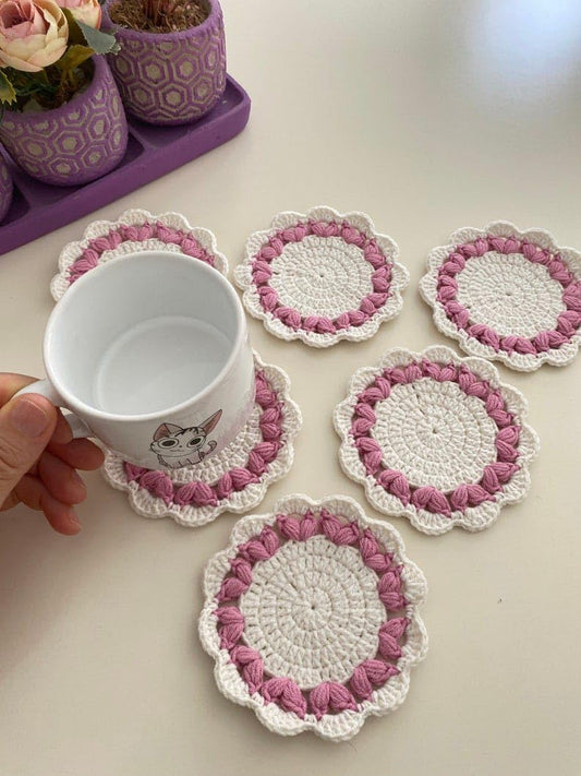 Handmade Crochet Doily Coasters Set of 6 – Pink & White Decent Color Cotton Yarn Wooven Heat Resistance Small Round Coasters for Tea, Coffee, Home & Table Décor